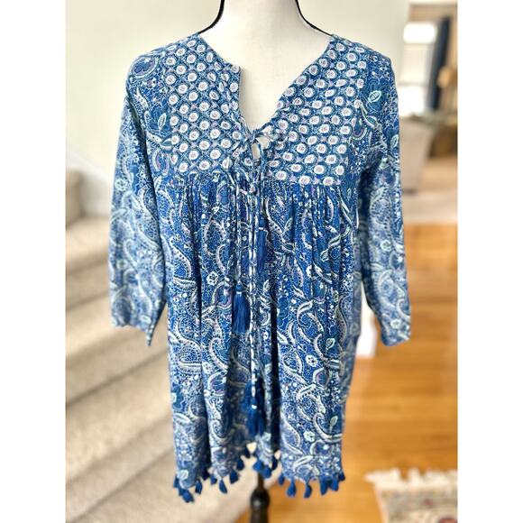 Ro's Garden Seychelles Blue & White Paisley Block Print Tassel Short Tunic - Picture 1 of 8